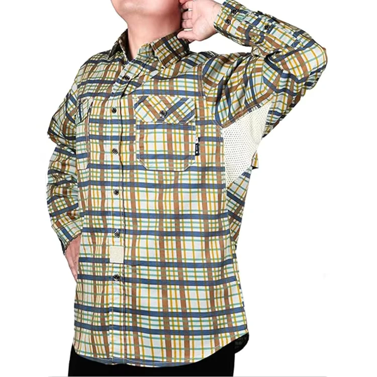 FR KNIT FRC01307 Summer Cool Mesh Breathable Cotton Arc Flash Flame Resistant CAT2 for Printed Plaid FR Shirt Adjustable Cuffs