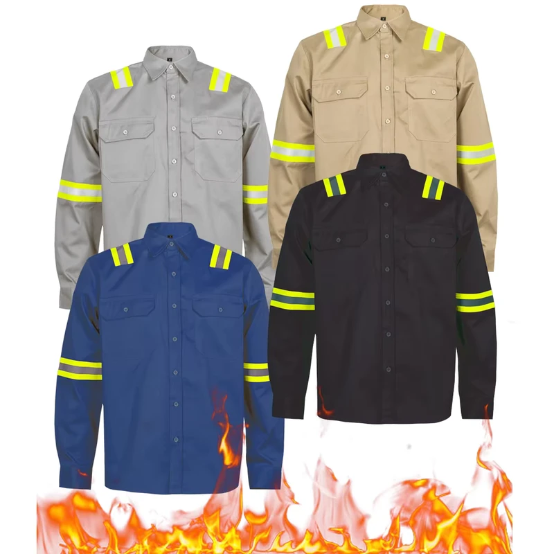 FR Shirt for Men Cat 2 Fire Resistant Shirt with High Visibility Reflective Tapes ATPV 8.7 Cal/cm² NFPA 70E & 2112 Compliant