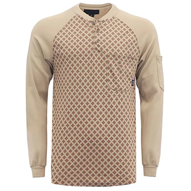 FR Shirts 7oz Mid Weight Two Tone Flame Resistant Safety Wear NFPA2112 CAT2 Men's Printed Henley Fire Retardant Shirt