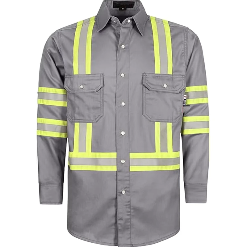 FR Shirts High Visibility Fire Retardant 100% Cotton 6.5oz CAT2 NFPA2112 Arc Flash Protective Loose Fit Yellow Silver Reflective
