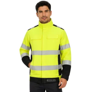 FR Softshell Jacket Flame Resistant High Visibility Safety Jacket with Multi Pockets Adjustable Cuffs for Industrial Work