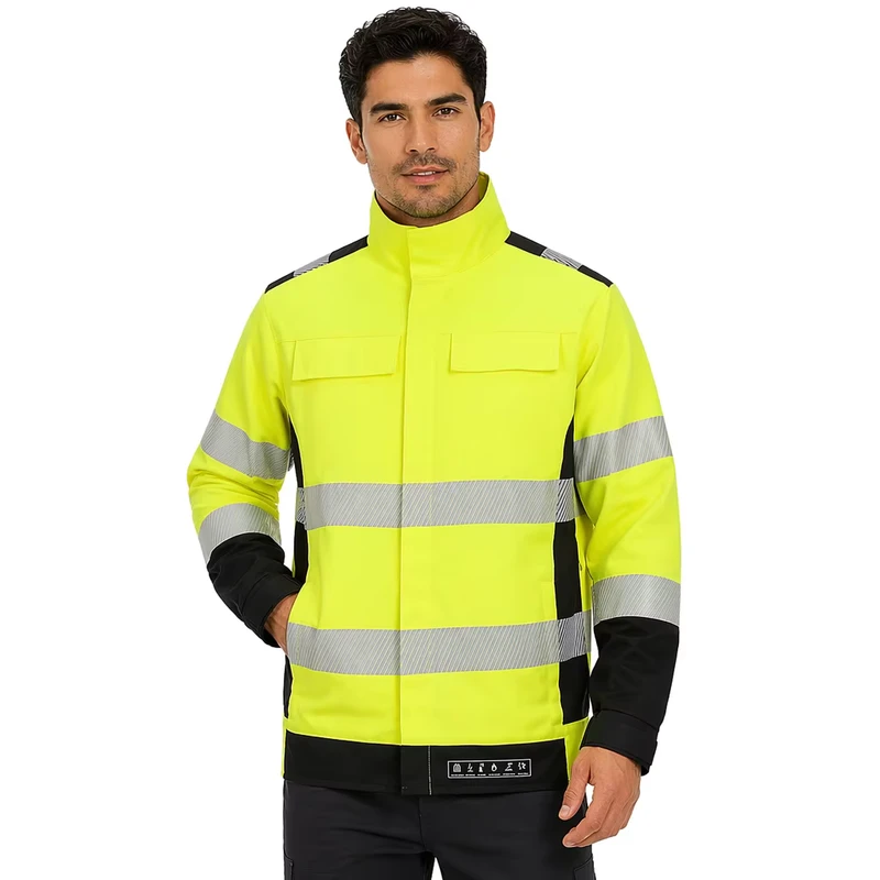 FR Softshell Jacket Flame Resistant High Visibility Safety Jacket with Multi Pockets Adjustable Cuffs for Industrial Work