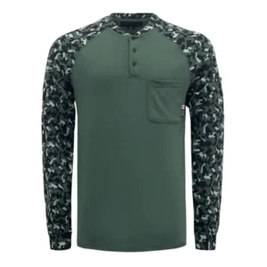 FR Work 7oz Flame Retardant Knit Printed Camouflage Safety Henley Shirts for Electrician Welding ASTM Certified Workwear