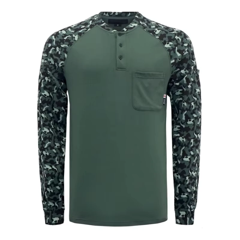 FR Work 7oz Flame Retardant Knit Printed Camouflage Safety Henley Shirts for Electrician Welding ASTM Certified Workwear