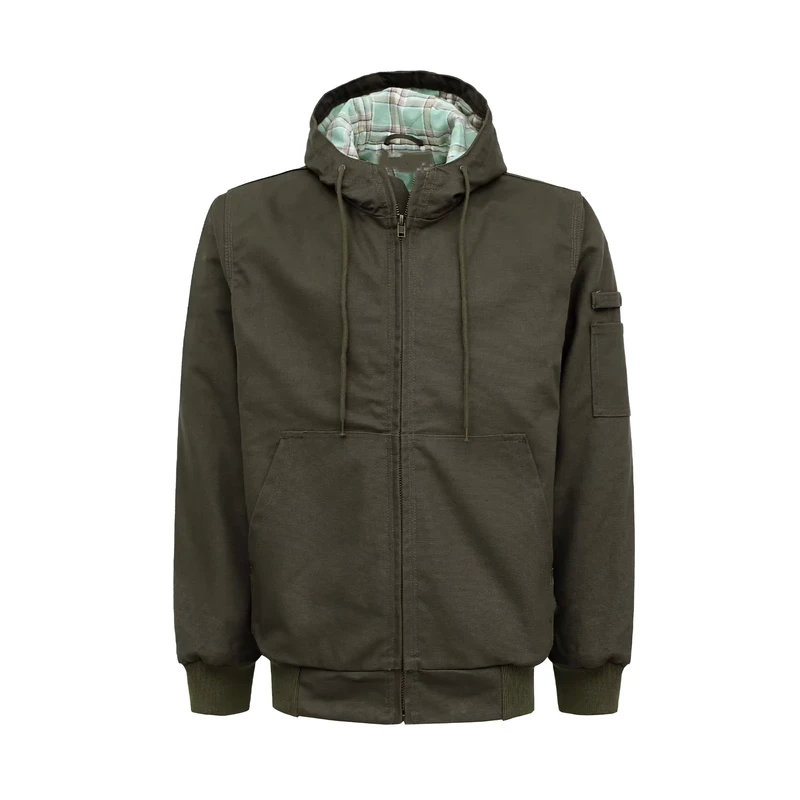 FRC3004 Green Fireproof Insulated FR Canvas Safety Jacket with Detachable Hood for Industrial Workers