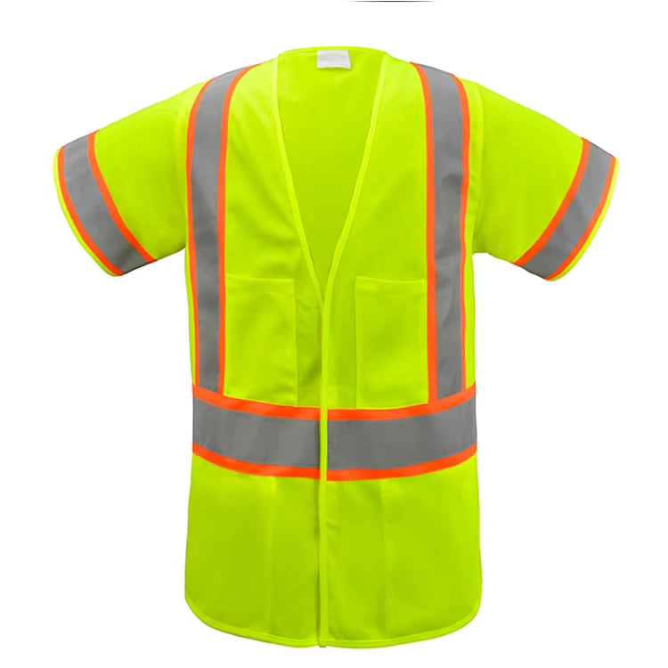 Factory Class 3 High Visibility Reflective Yellow Polyester Mesh Safety Vest With Multiple Pockets for Construction Workers