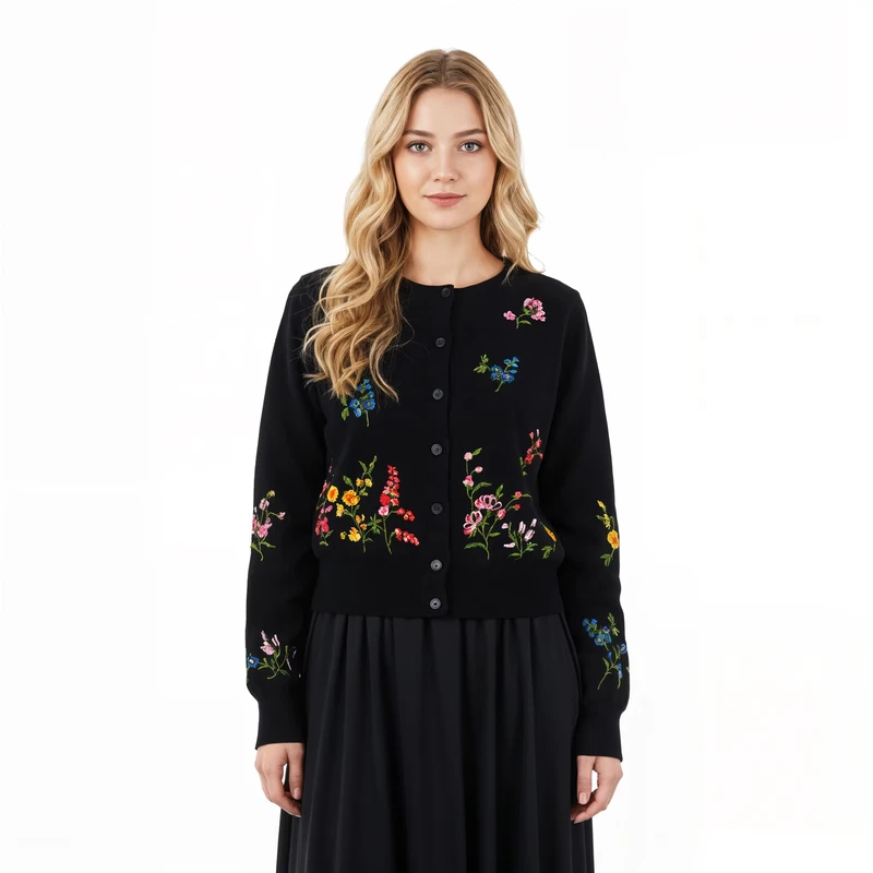 Factory Custom Autumn Winter Women Sweater Long Sleeve Crew Neck Ladies Cardigan Cotton Button Embroidery Women Knit Cardigan