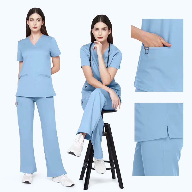 Factory Custom Breathable Knitted Hospital Uniforms Women's V Neck Scrubs Set With Cargo Pockets Nursing Work Clothes