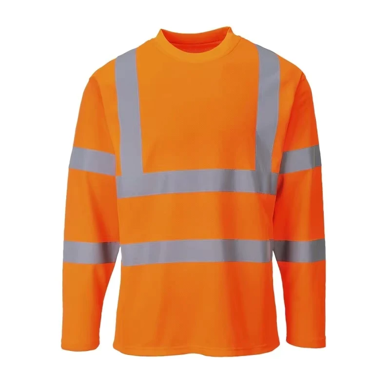 Factory Custom High Quality Breathable Long Sleeve Safety T Shirt Two Reflective Stripes Tear Strength Unisex Hi Vis Polyester