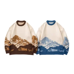 Factory Custom Logo Winter Dyed Snow Mountain Cotton Knit Coat Pullover O Neck Men’s Loose Long Sleeve Sweater