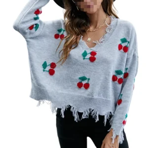 Factory Custom Loose Short Style V Neck Pullover Womens Sweater Autumn Winter Sexy Fringe Knitted Sweater Woman