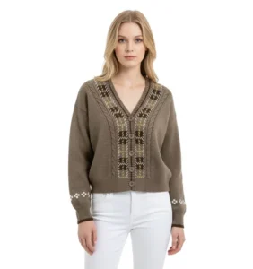 Factory Custom Women Knit Sweater Long Sleeve V neck Casual Ladies Sweater Jacquard Drop Shoulder Button Women Knit Cardigan