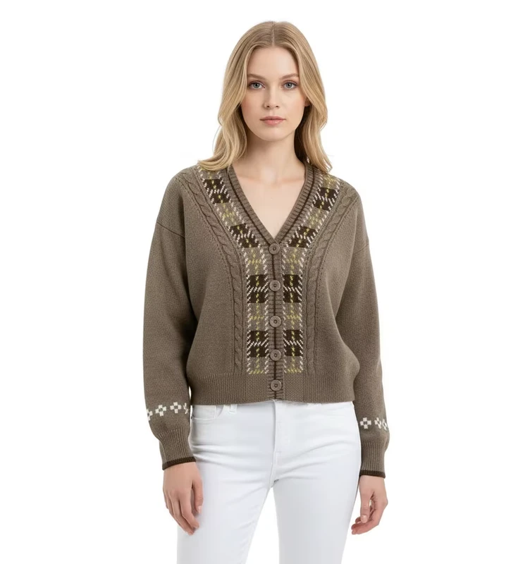 Factory-Custom-Women-Knit-Sweater-Long-Sleeve-V-neck-Casual-Ladies-Sweater-Jacquard-Drop-Shoulder-Button-Women-Knit-Cardigan