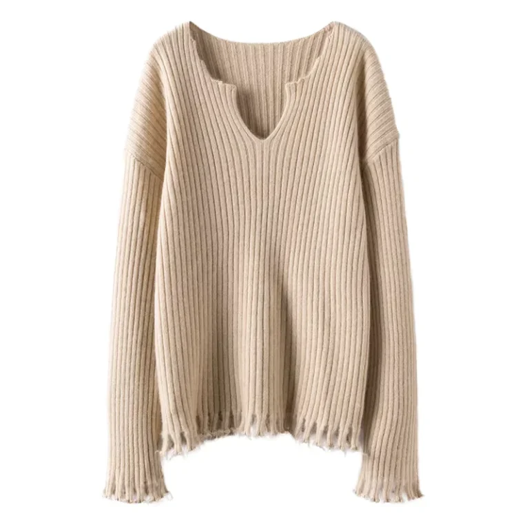 Factory-Customize-Knitted-Sweater-Knit-V-Neck-Loose-Casual-Women-Long-Sleeve-Fringed-Ripped-Sweaters