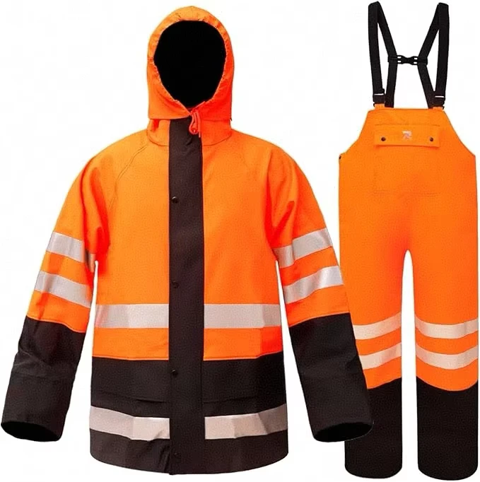 Factory Customized Fluorescent Orange red Waterproof Eco Friendly Durable PU Rain Suit Jacket Pants Hi Vis Travel Workwear