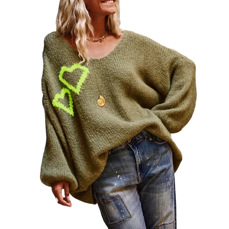 Factory Customized Heart Pattern V Neck Pullover Knit Lady Sweater Casual Drop Shoulder Knitted Loose Women's Sweater