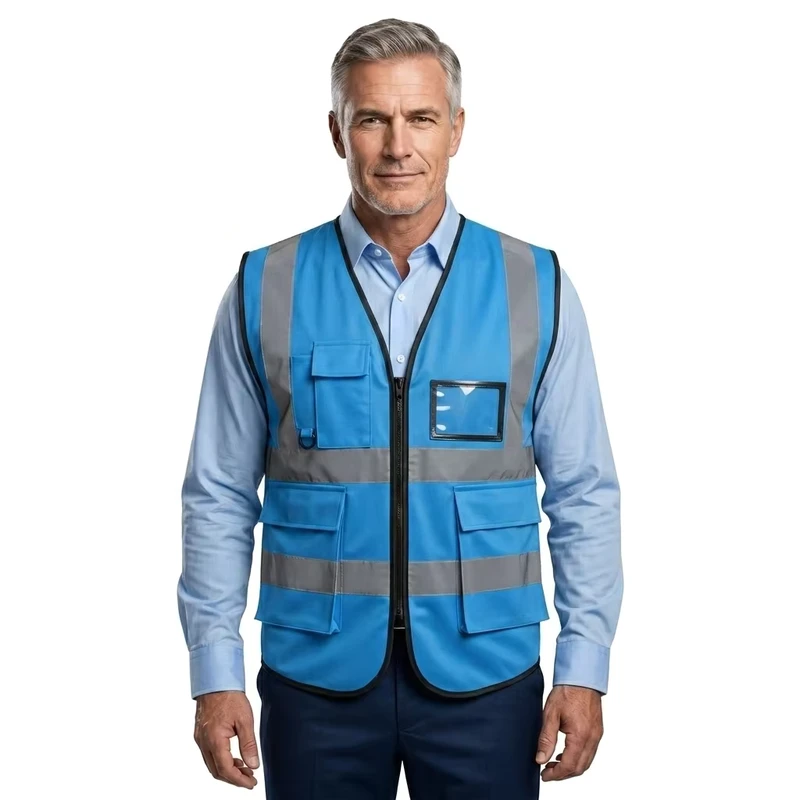 Factory Direct ANSI Class 2 EN ISO 20471 Certified Waterproof Multi-Pocket High-Vis Reflective Safety Vest Blue