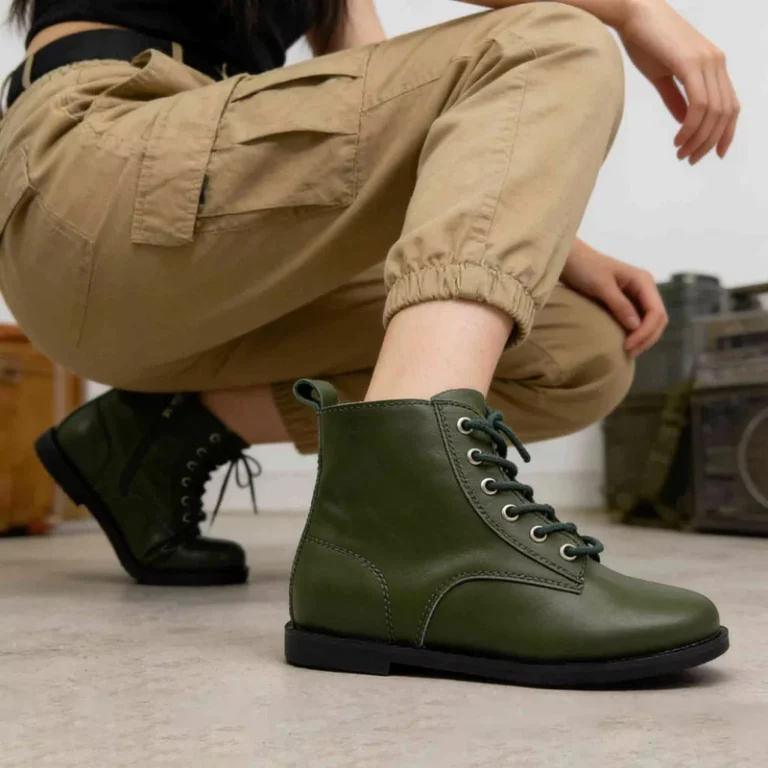 Factory-Direct-Womens-Green-Leather-Combat-Ankle-Boots-With-Lace-Up-Design-and-Side-Zipper