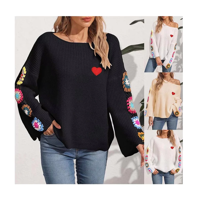 Factory Directly Autumn Loose Jumper Crew Neck Flare Sleeve Dropshoulder Floral Pullover Ribbed Sweaters Women