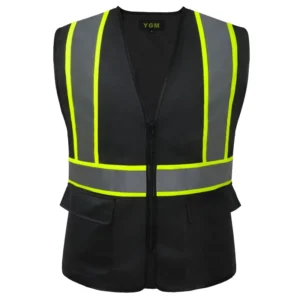 Factory Hi-Vis Class 2 Black Reflective Workwear Safety Vest with Pockets and Reflective Tape