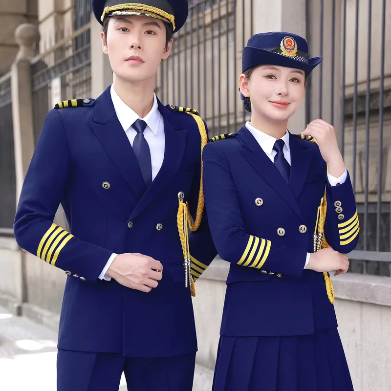 Factory High Quality Unisex Airline Pilot Uniform Custom Attendant Aviator Workwear Suit Polyester Viscose Free Sample