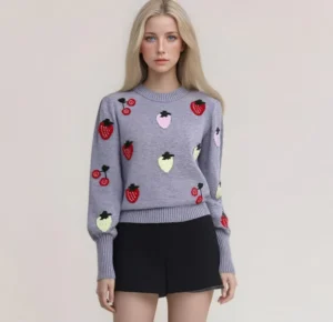 Factory Knit Women’s Pullover Sweater with Strawberry Pattern