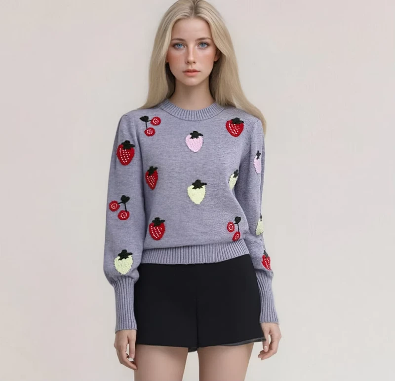 Factory Knit Women's Pullover Sweater with Strawberry Pattern