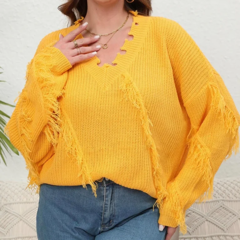 Factory-Ladies-Knitted-Solid-Color-Long-Sleeve-Tassel-V-Neck-Plus-Size-Sweater-for-Women-Pullover-Sweater-Oversized