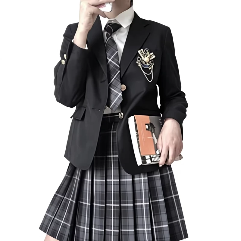 Factory Original Plaid Skirt and Womens Uniform Jacket Black J style Preppy Student JK Suit Set Polyester ODM China