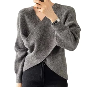 Factory Price Bat Sleeve Cross V Neck Oversized Womens Cashmere Sweaters Elegant French Women Knit Sweater Tops