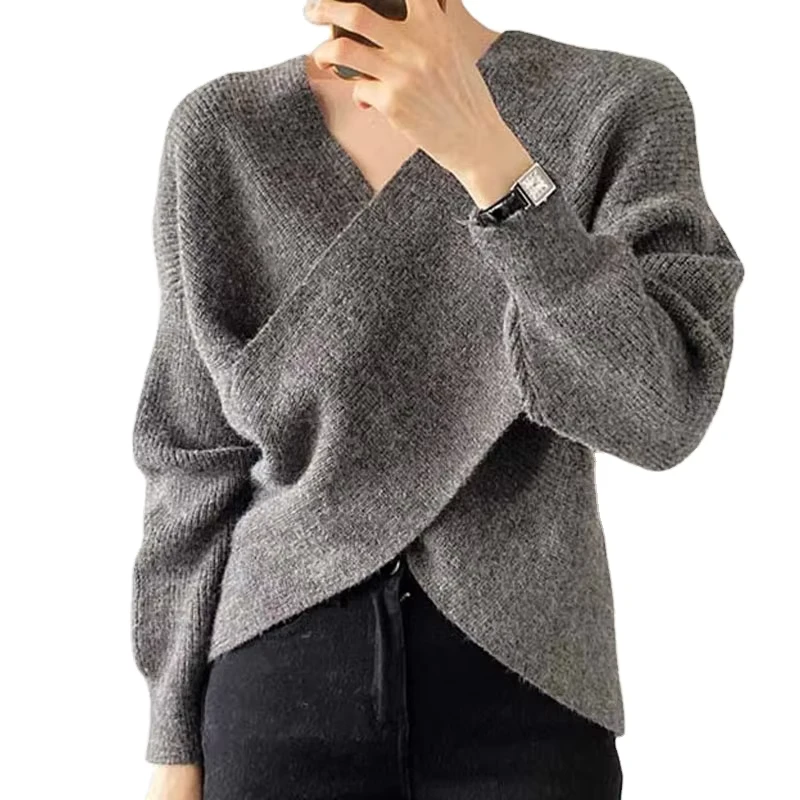 Factory Price Bat Sleeve Cross V Neck Oversized Womens Cashmere Sweaters Elegant French Women Knit Sweater Tops