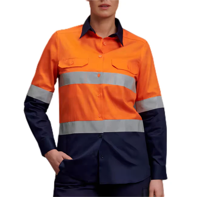 Factory Supply 100% Cotton Womens Lightweight Button Work Shirts Construction Reflective Safety ANSI Class 2