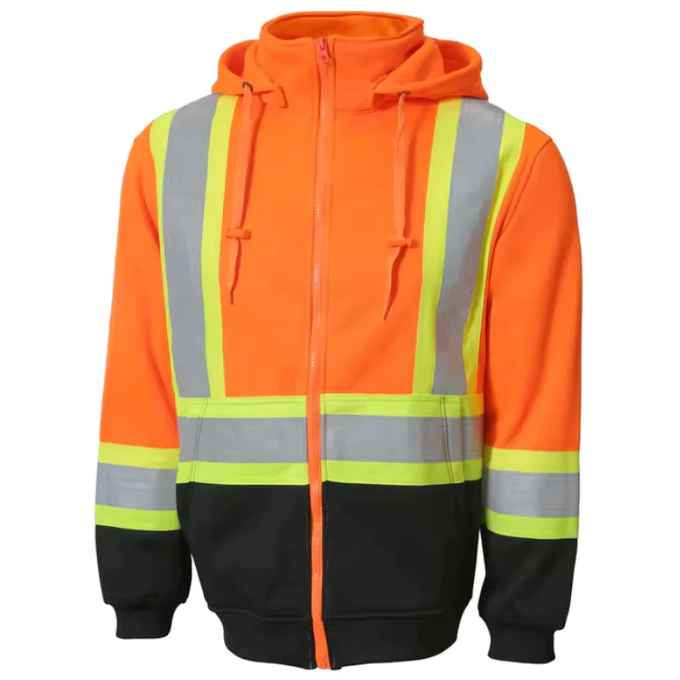 Factory Supply ANSI Class 2 High Visibility 100% Polyester Reflective Tape X Back Sherpa Fleece Hooded Jacket for Safety
