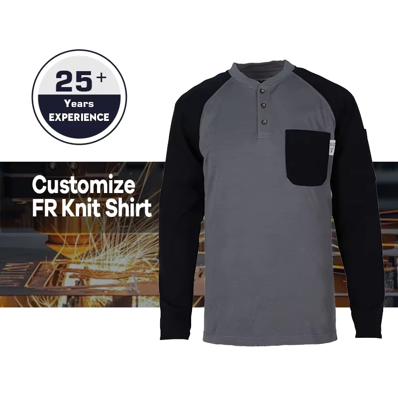 Factory Supply FR Knit 180 GSM Henley Fire Retardant Shirts Light Weight CAT2 Flame Resistant Shirt