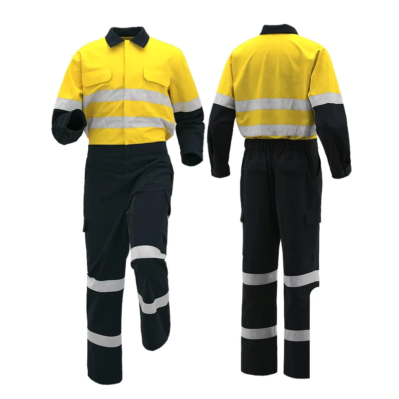 Factory Supply Hi Vis Fluorescent Yellow Men's Work Coveralls Reflective Safety Work Scrubs Uniforms Overall Workwear