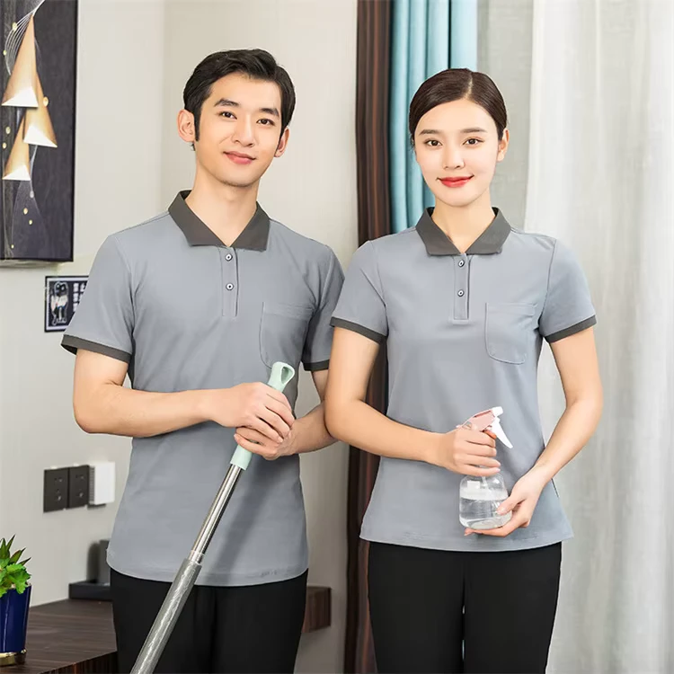 Factory Unisex Hotel Cleaner Room Service Short Sleeve Restaurant Cafe Housekeeping Staff Uniform Polo Shirt