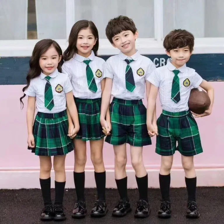 Fashion-100-Sets-Custom-logo-Kindergarten-School-Uniforms-Little-Girls-Green-Plaid-Skirt-School-Uniform-Primary