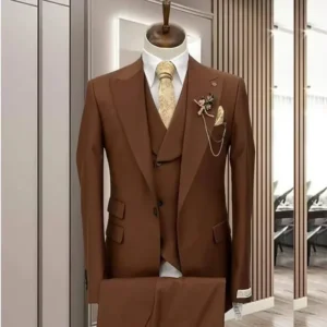 Fashion Brown Men Suits 3 Piece Jacket Pants Vest Male Clothing Single Breasted Peaked Lapel Formal Wedding Full Sets Terno