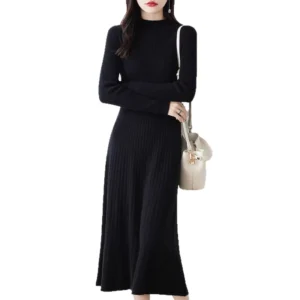 Fashion Lady Crew Neck Long Sleeve Slim Fit Free Size Knitted Print Midi A-Line Breathable Elegant Dress Sweater