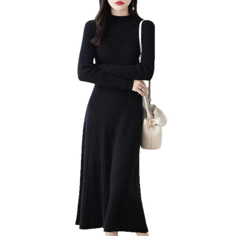 Fashion-Lady-Crew-Neck-Long-Sleeve-Slim-Fit-Free-Size-Knitted-Print-Midi-A-Line-Breathable-Elegant-Dress-Sweater