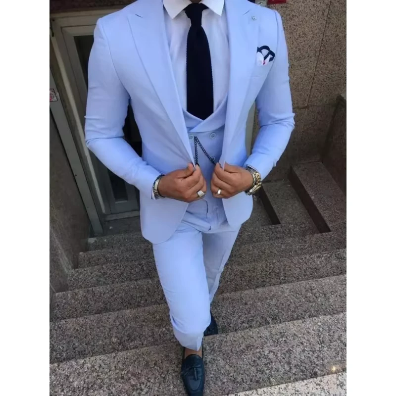 Fashion Light Blue Men Suits 3 Pcs Custom Made Top Lapel Groom for Tuxedo Prom Party Slim Fit Men Wedding Suits