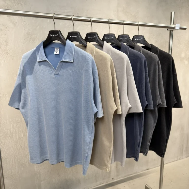 Fashion-Oversize-Short-Sleeve-Polo-Shirt-Boxy-Fit-Acid-Wash-Waffle-t-Shirts-for-Men-Custom-Embroidered-Logo
