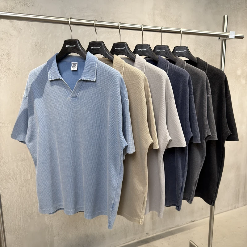 Fashion Oversize Short Sleeve Polo Shirt Boxy Fit Acid Wash Waffle t Shirts for Men Custom Embroidered Logo
