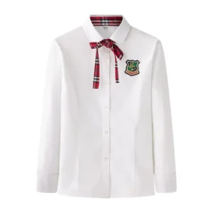 Fashion White Checked Bow Collar Slim Fit School Uniform Tops for Girls Children