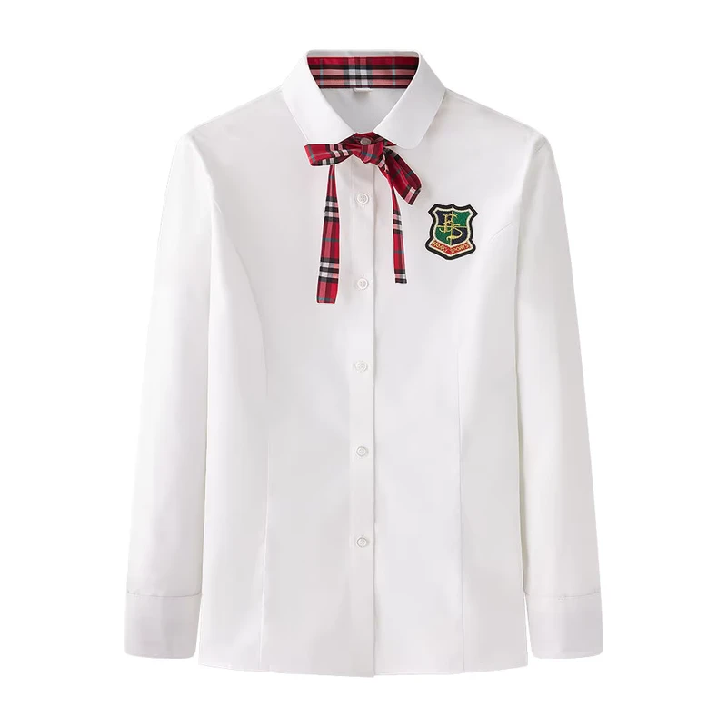 Fashion White Checked Bow Collar Slim Fit School Uniform Tops for Girls Children