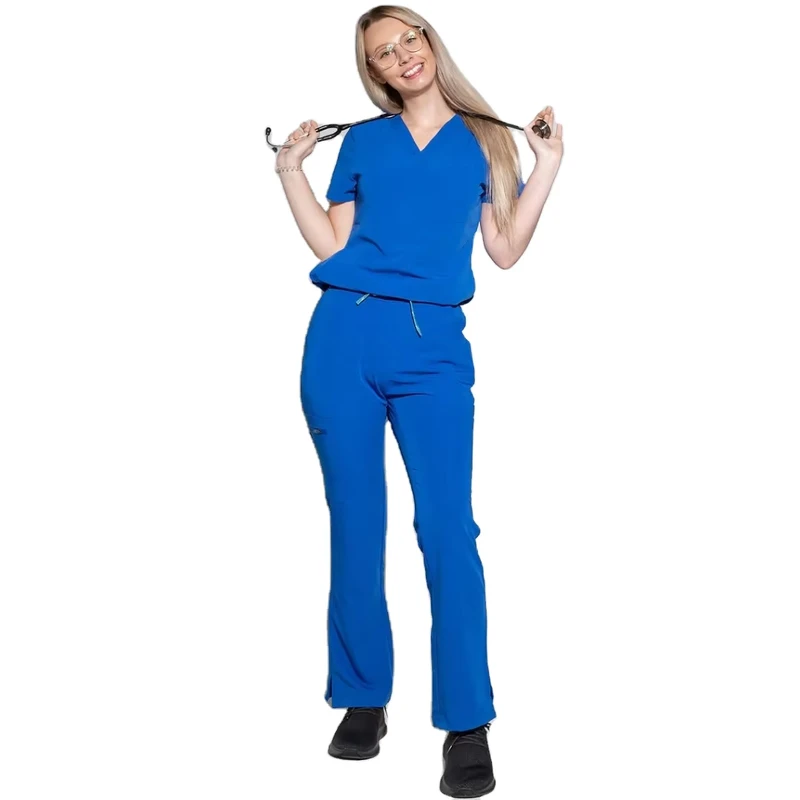 Fashionable V Neck Stretchy Spandex Twill Fabric Breathable Comfortable Stretch Medical Scrubs Uniform Sets Hospital