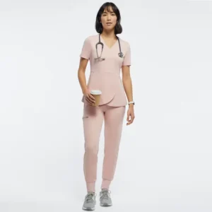 Fast Delivery Women’s Woven Short Sleeve V Neck Fashion Nurse Scrubs 2 Pieces Hospital Uniform Sets Breathable Comfortable