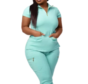 Female New Style Fashion Zipper Pullover Nurse Top Uniforms Set Stretch Hospital Jogger Medical Uniform