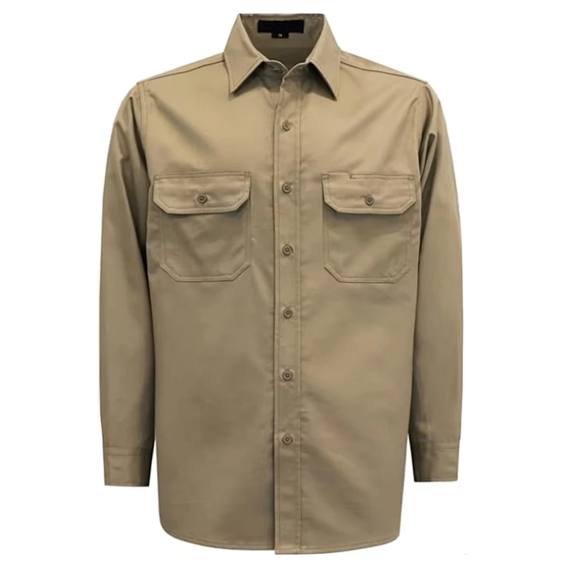 Fire Proof Arc Flash Safety CAT2 Khaki Cotton Adjustable Cuffs 6.5OZ NFPA 2112 70E Flame Resistant FR Work Shirts