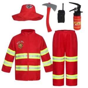 Fireman Costume Kids 6 Pcs Firefighter Costume with Toy Accessories Set Fireman Role Play Outfit Kids Truckman Dress up Clothes
